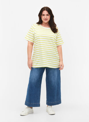 Gestreept T-shirt van biologisch katoen, Wild Lime Stripes, Model image number 2