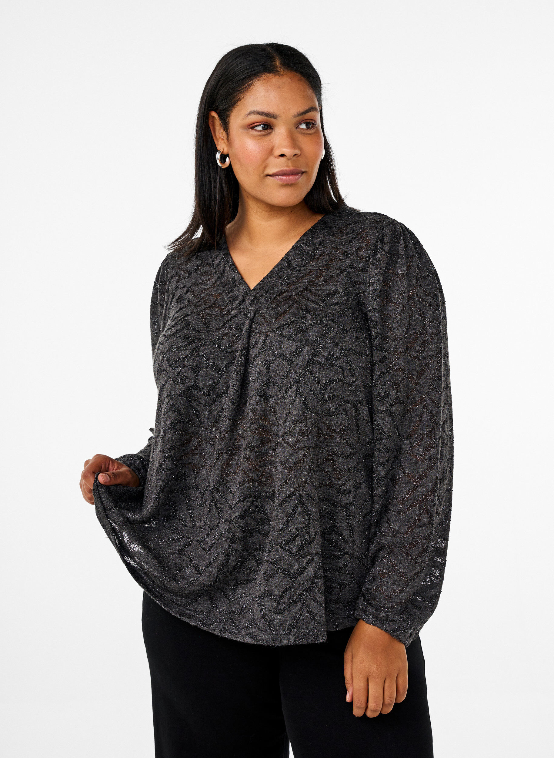 Zizzi Blouse met lange mouwen met glitter en patroon, Grijs, Model image number 0
