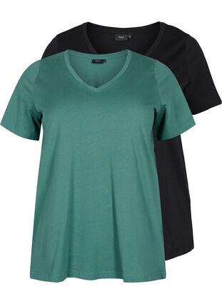 Set van 2 basic t-shirts in katoen, Mallard Green/Black, Packshot image number 0