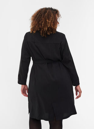 Viscose jurk met knopen en riem, Black, Model image number 1