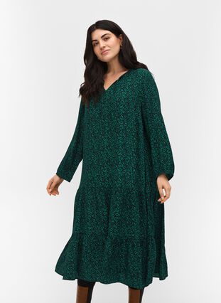 Midi-jurk met print in 100% viscose, Black Green AOP, Model image number 0