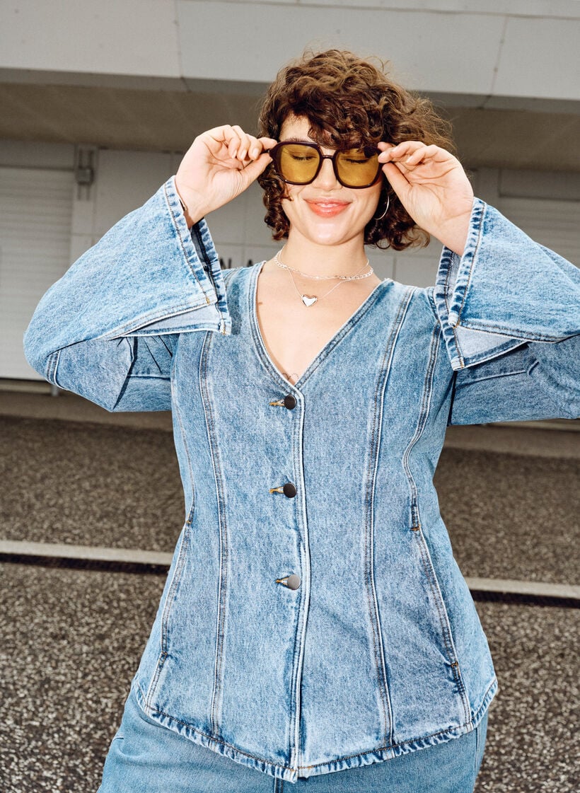 Denimjack met vormende naden en een V-hals, Blauw, Image image number 0