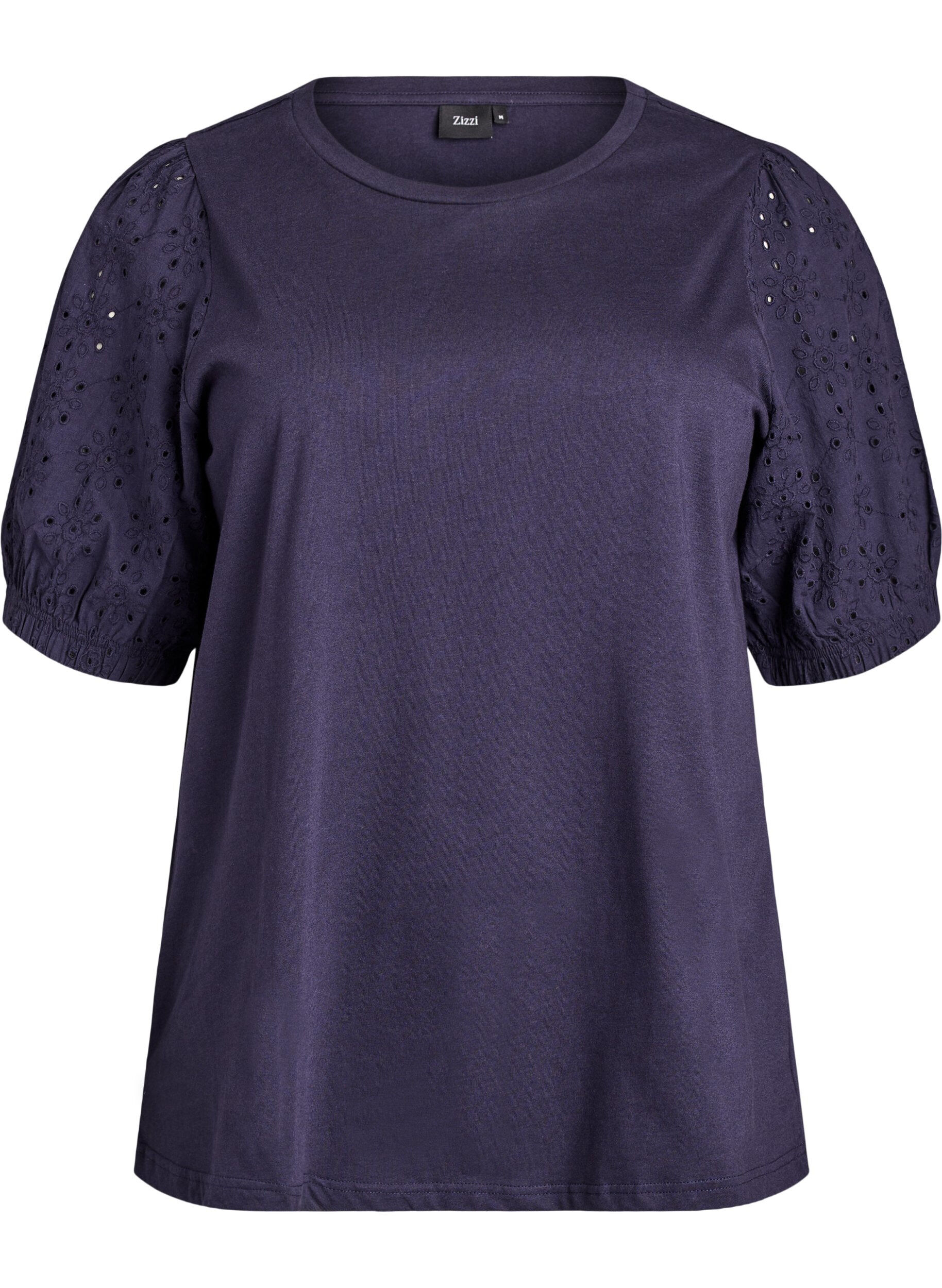 Zizzi T-shirt met mouwen van broderie anglaise, Blauw, Packshot image number 0