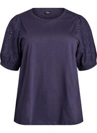 T-shirt met mouwen van broderie anglaise, Blauw
