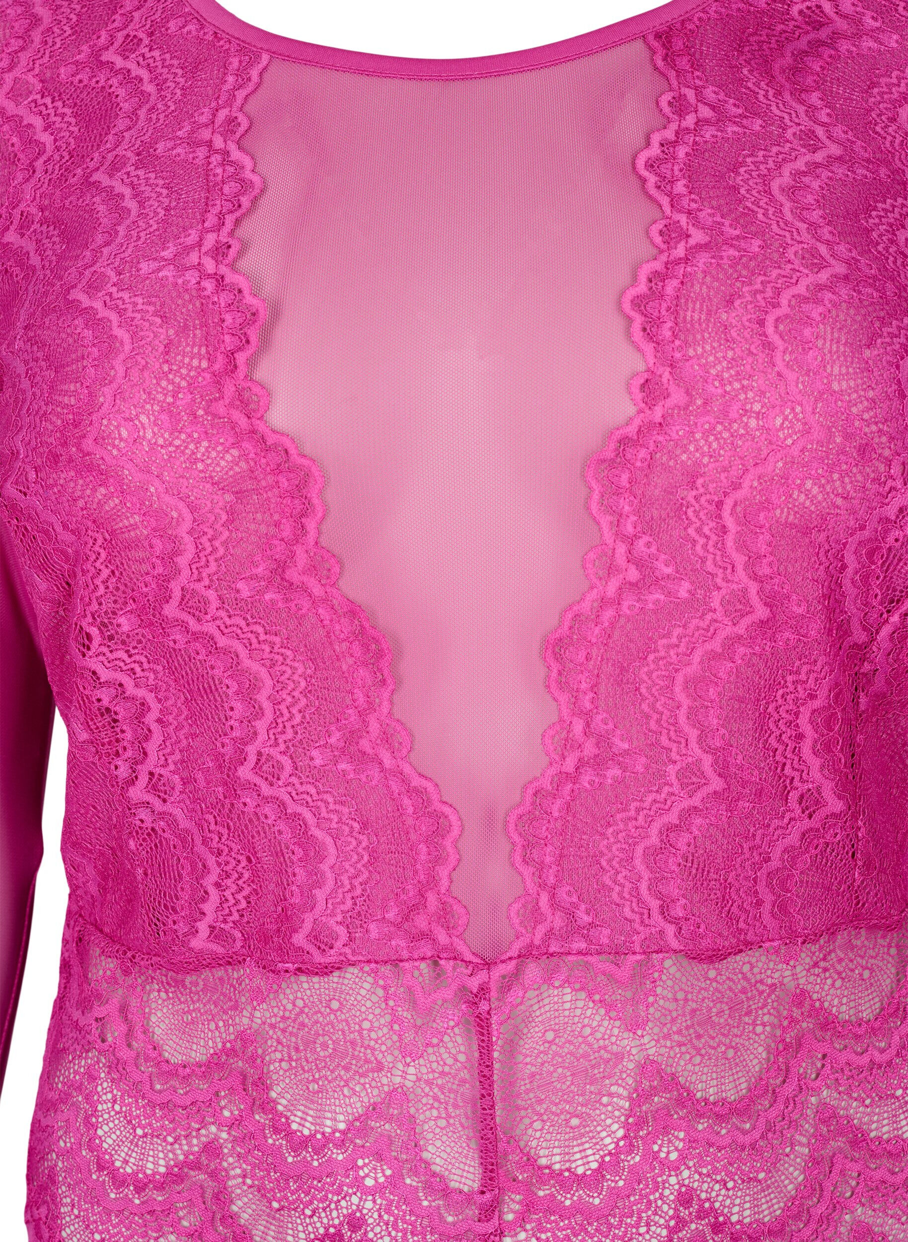 Zizzi Bodystocking met kant en mesh, Fuchsia Red, Packshot image number 2