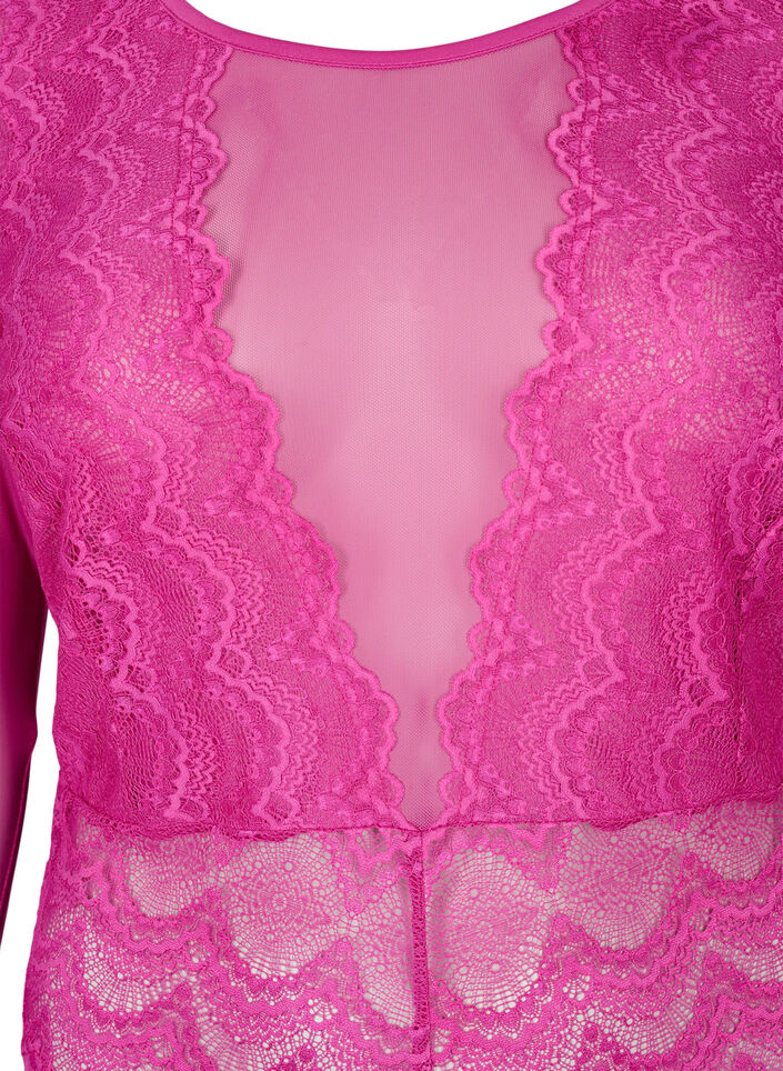 Bodystocking met kant en mesh, Fuchsia Red, Packshot image number 2