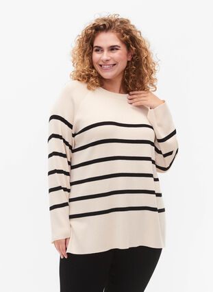 Gestreepte Viscose Sweater, Sandshell/Black S., Model image number 0