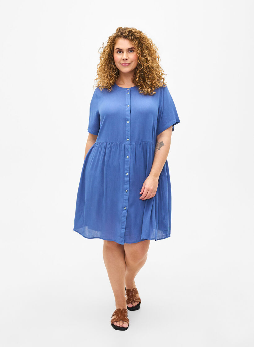 A-lijn viscose jurk met korte mouwen, Moonlight Blue, Model image number 2