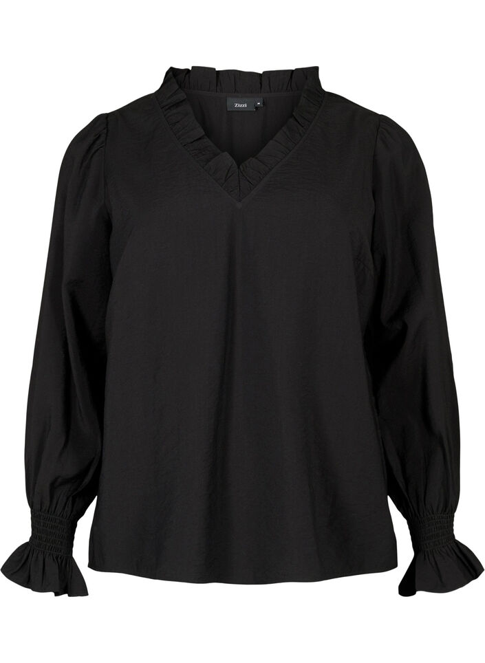 Lange-mouwen viscose blouse met ruche details, Black, Packshot image number 0