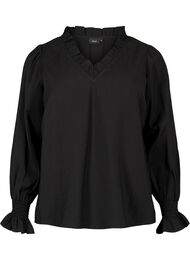 Lange-mouwen viscose blouse met ruche details, Black