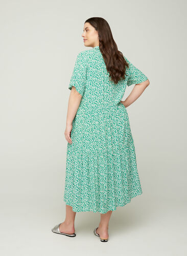 Viscose midi-jurk met korte mouwen, Green W. Flower, Model image number 1