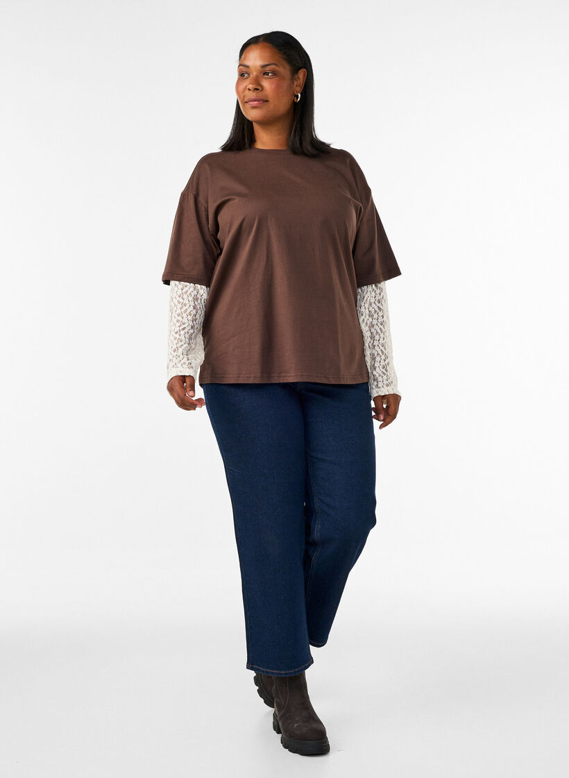 Los T-shirt met lange kanten mouwen, Bruin, Model image number 1