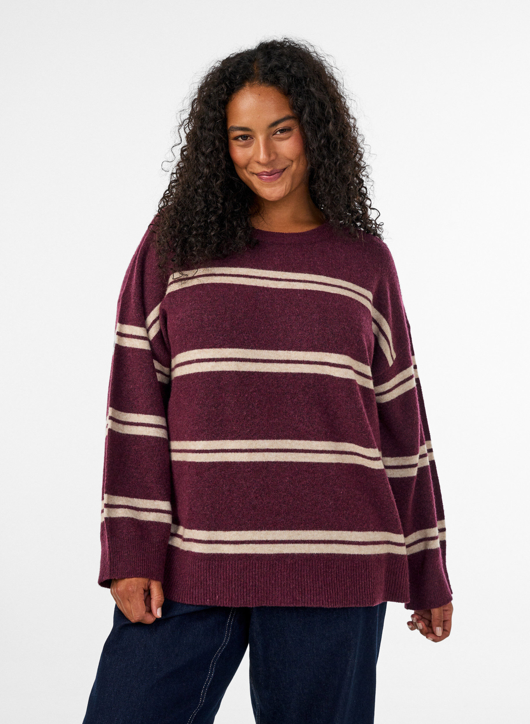 Gebreide blouse met dubbele contrasterende strepen, Rood, Model