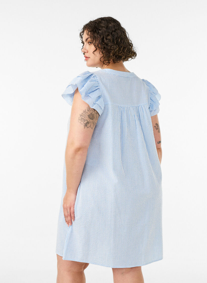 Gestreepte katoenen jurk met ruches en een A-lijn pasvorm, Blauw, Model image number 2