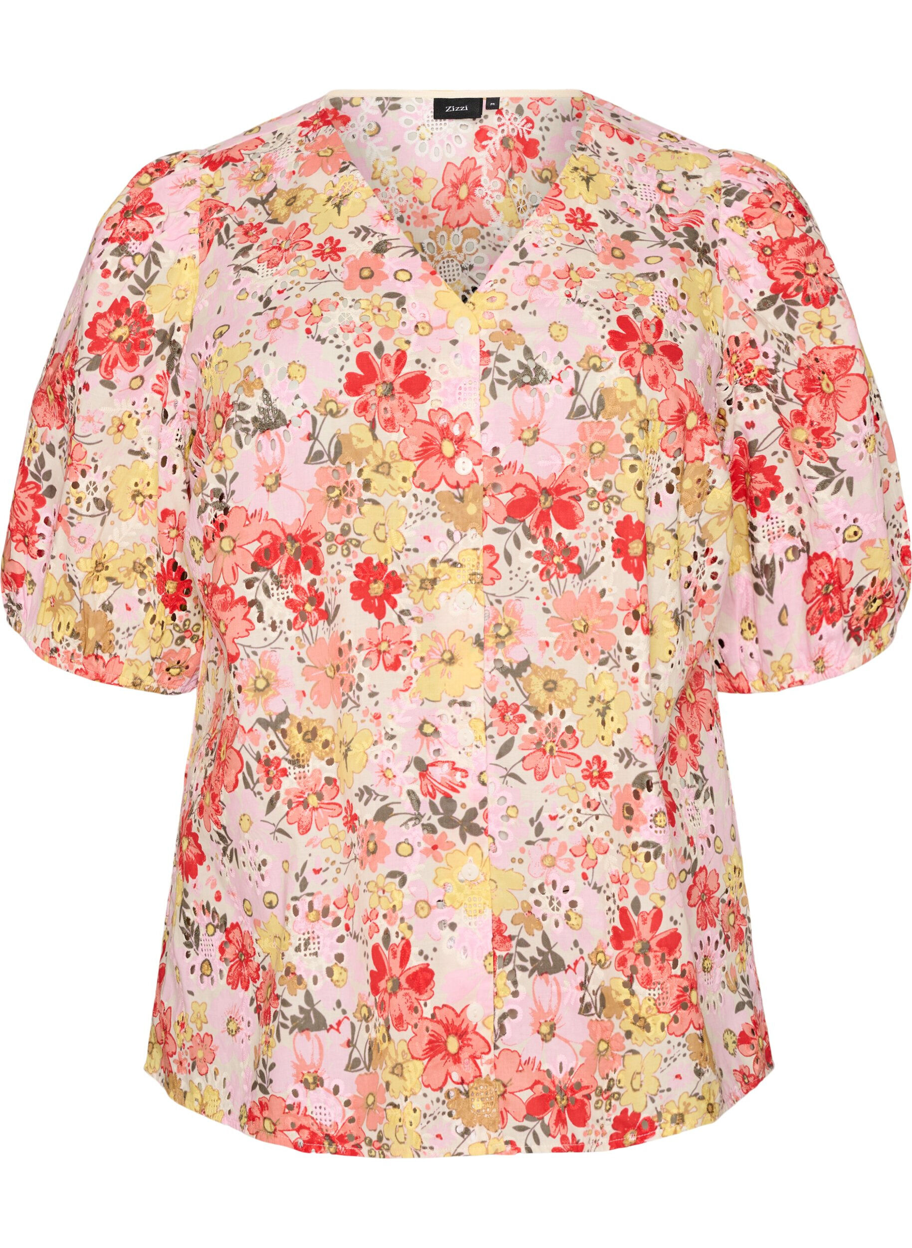 ZizziBloemenblouse met broderiegatwerk en V-hals, Roze, Packshot image number 0