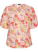 Bloemenblouse met broderiegatwerk en V-hals, Roze, Packshot image number 0