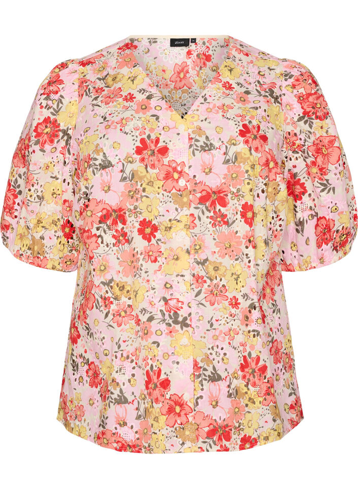 Bloemenblouse met broderiegatwerk en V-hals, Roze, Packshot image number 0