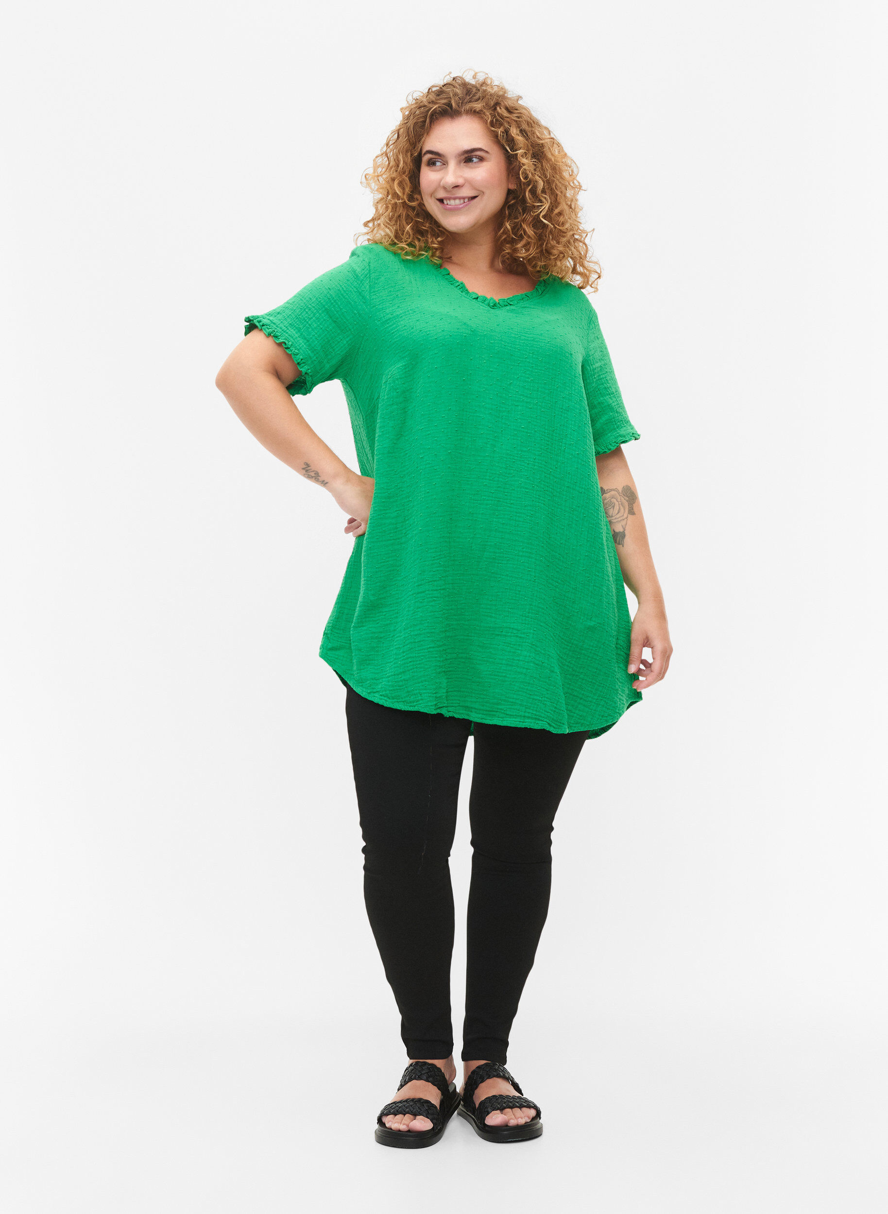 Zizzi Katoenen tuniek met korte mouwen en ruches, Bright Green, Model image number 2