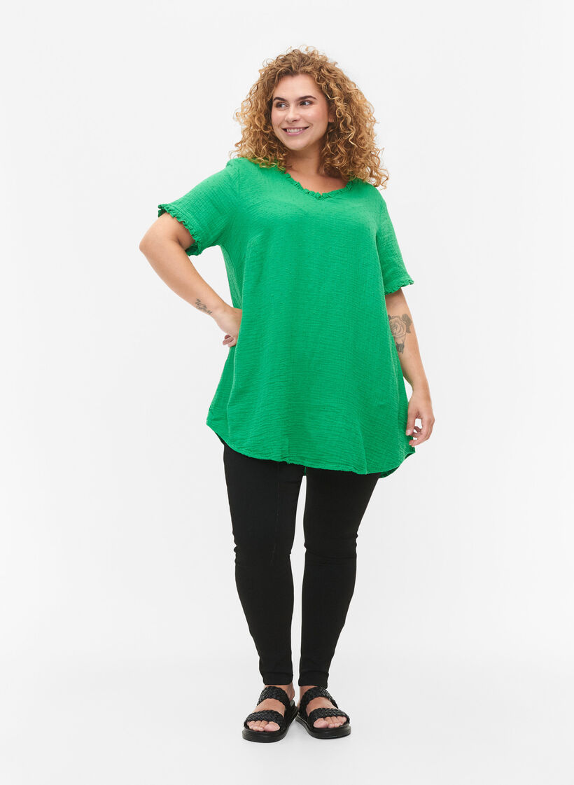 Katoenen tuniek met korte mouwen en ruches, Bright Green, Model image number 2