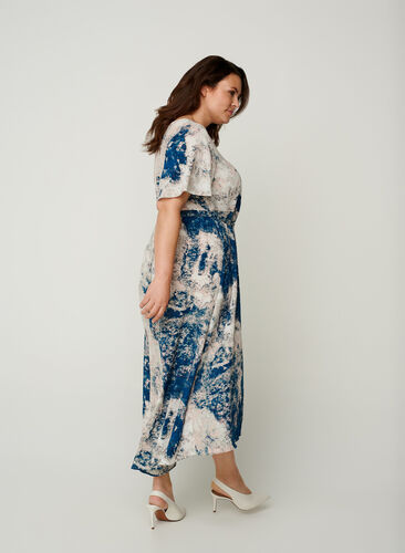 Midi-jurk met korte mouwen en print, Twilight Blue AOP, Model image number 1