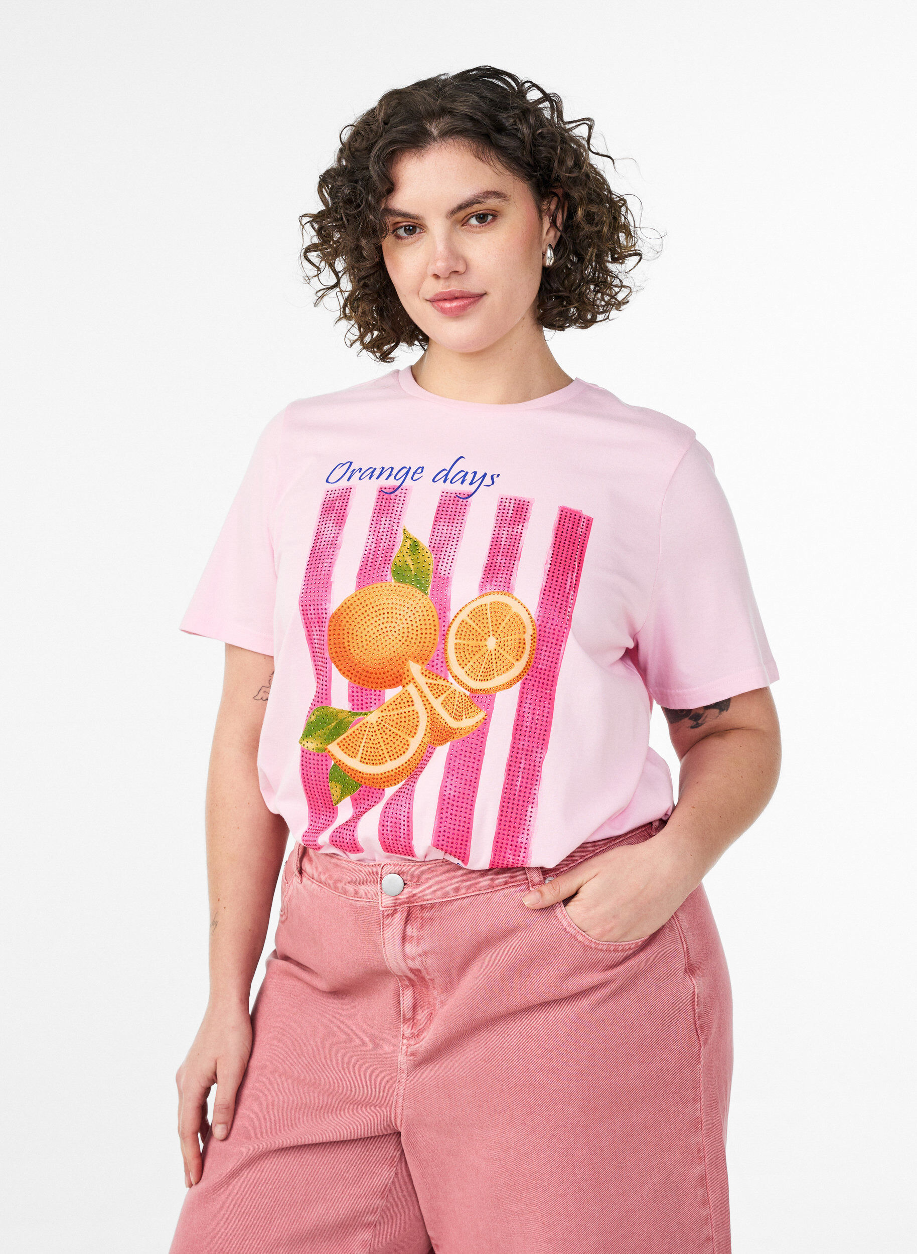 ZizziOrganisch katoenen T-shirt met print aan de voorkant, Roze, Model image number 0