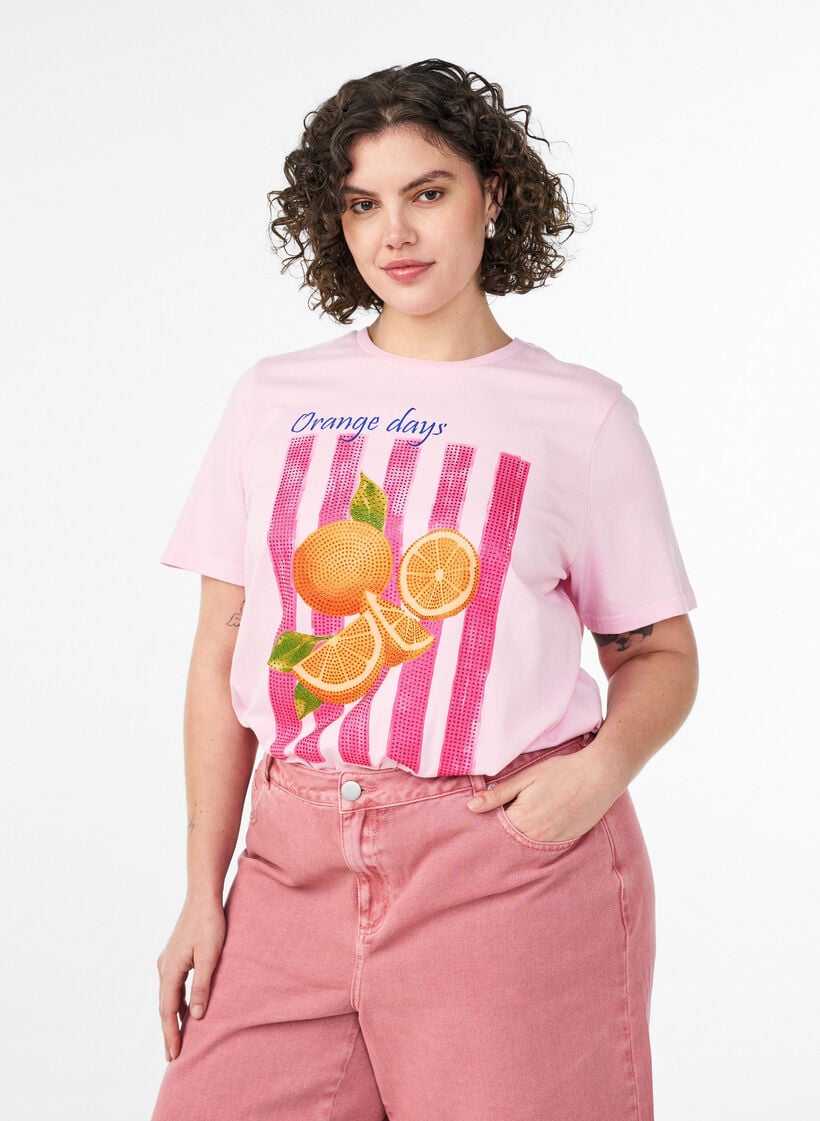 Organisch katoenen T-shirt met print aan de voorkant, Roze, Model image number 0