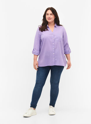 Overhemdblouse met knoopsluiting in katoen-linnen mix, Lavender, Model image number 2