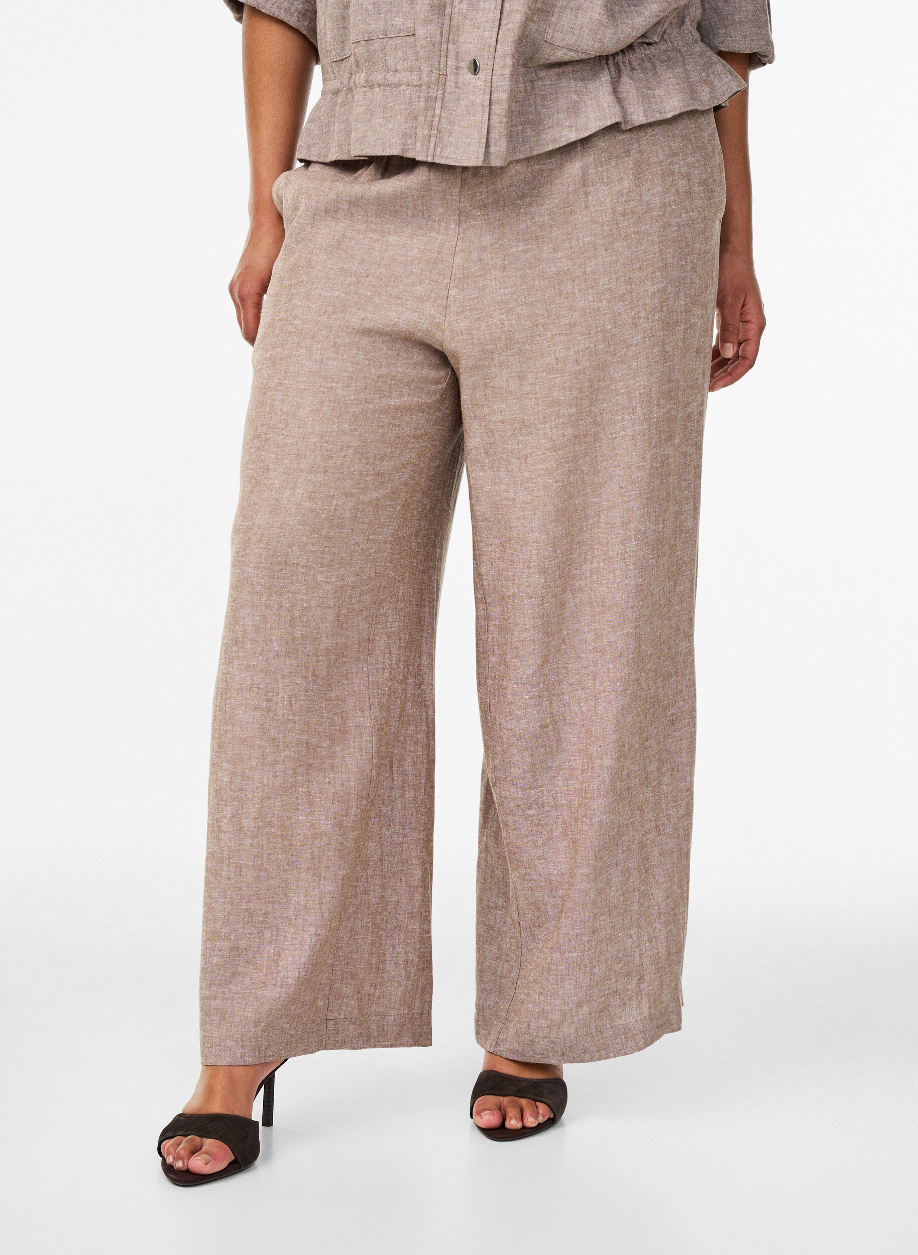 ZizziWijde linnen en viscose broek, Bruin, Model image number 2