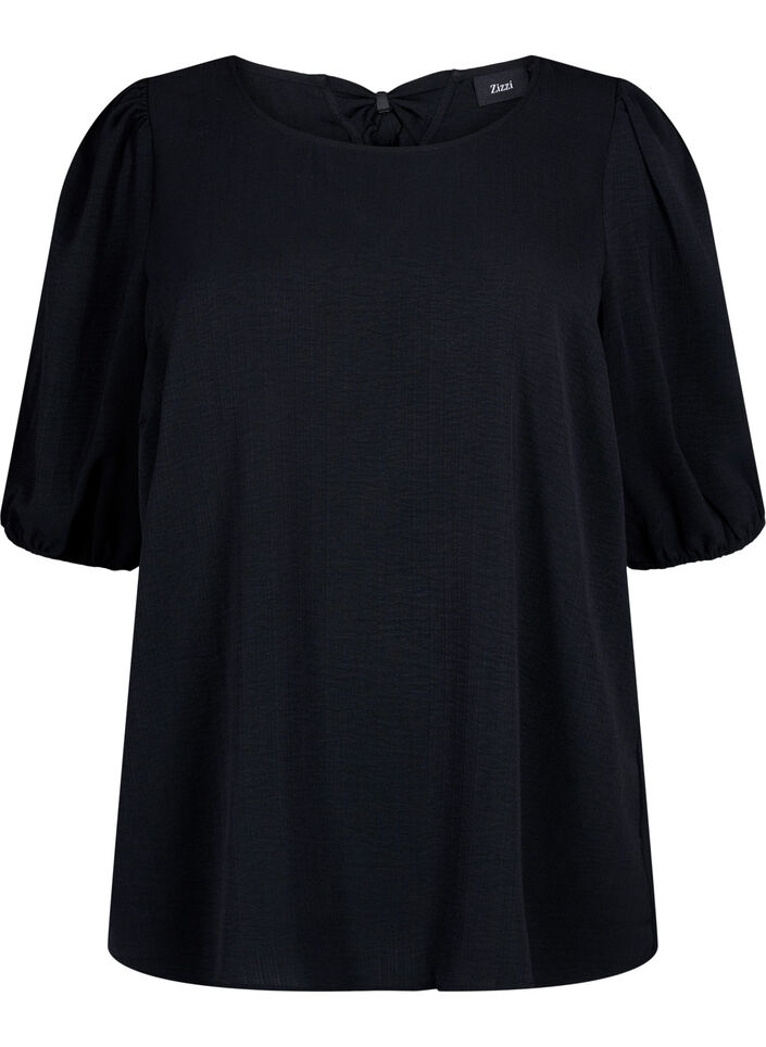 Blouse met korte mouwen en een strik op de rug, Black, Packshot image number 0
