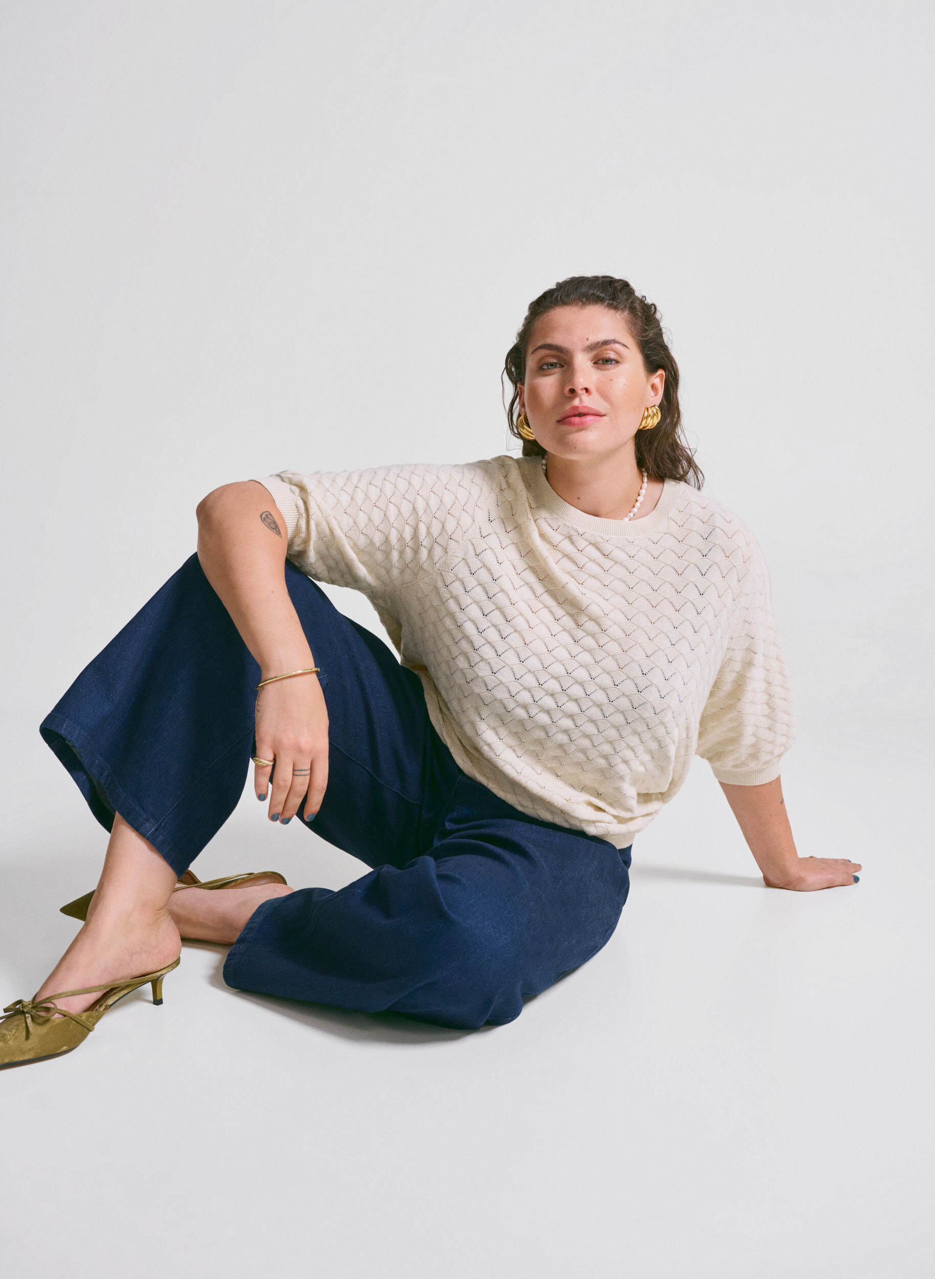 Zizzi Gebreide blouse met opengewerkt patroon en korte mouwen, Birch Mel., Image image number 0