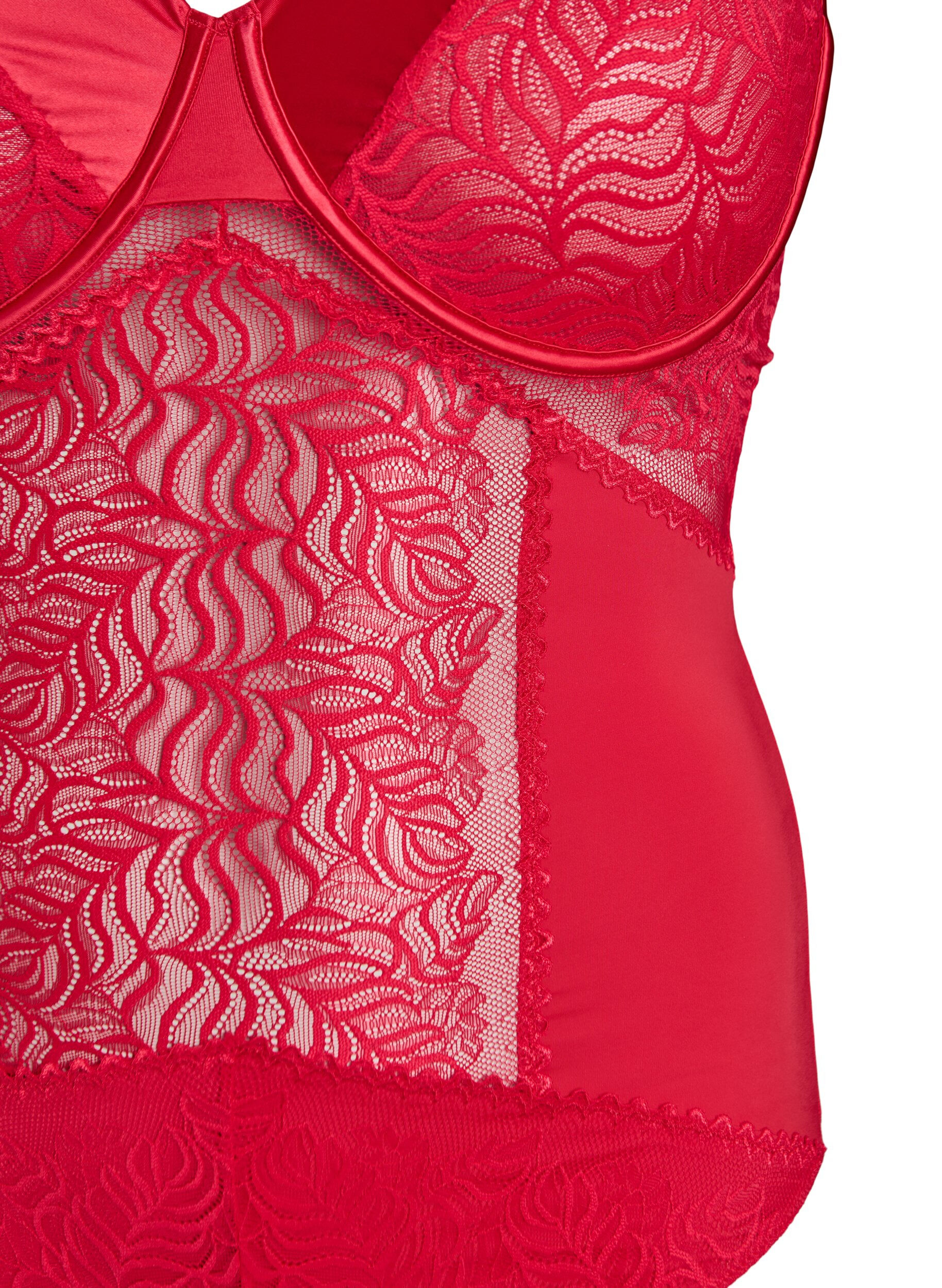 Zizzi Bodystocking met kant- en satijndetail, Rood, Packshot image number 2