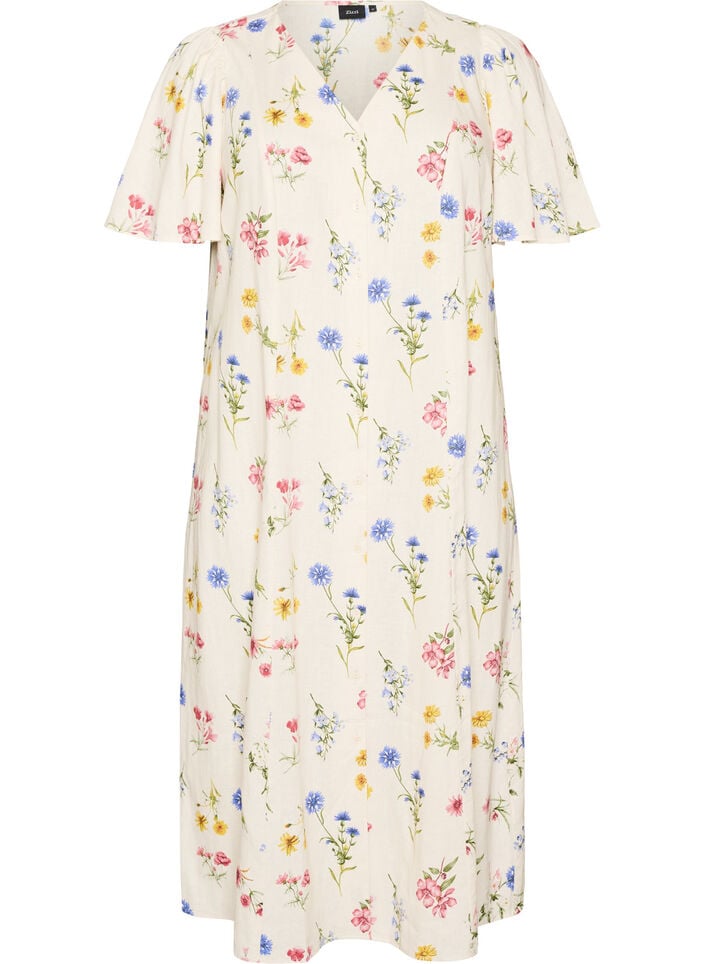 Midi jurk in linnen en viscose met ruchesmouwen, Beige, Packshot image number 0