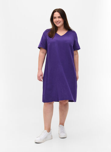 Katoenen jurk met korte mouwen en kanten details, Violet Indigo, Model image number 2