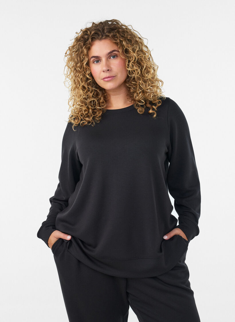 Jersey blouse met lange mouwen en een ronde hals, Zwart, Model image number 0