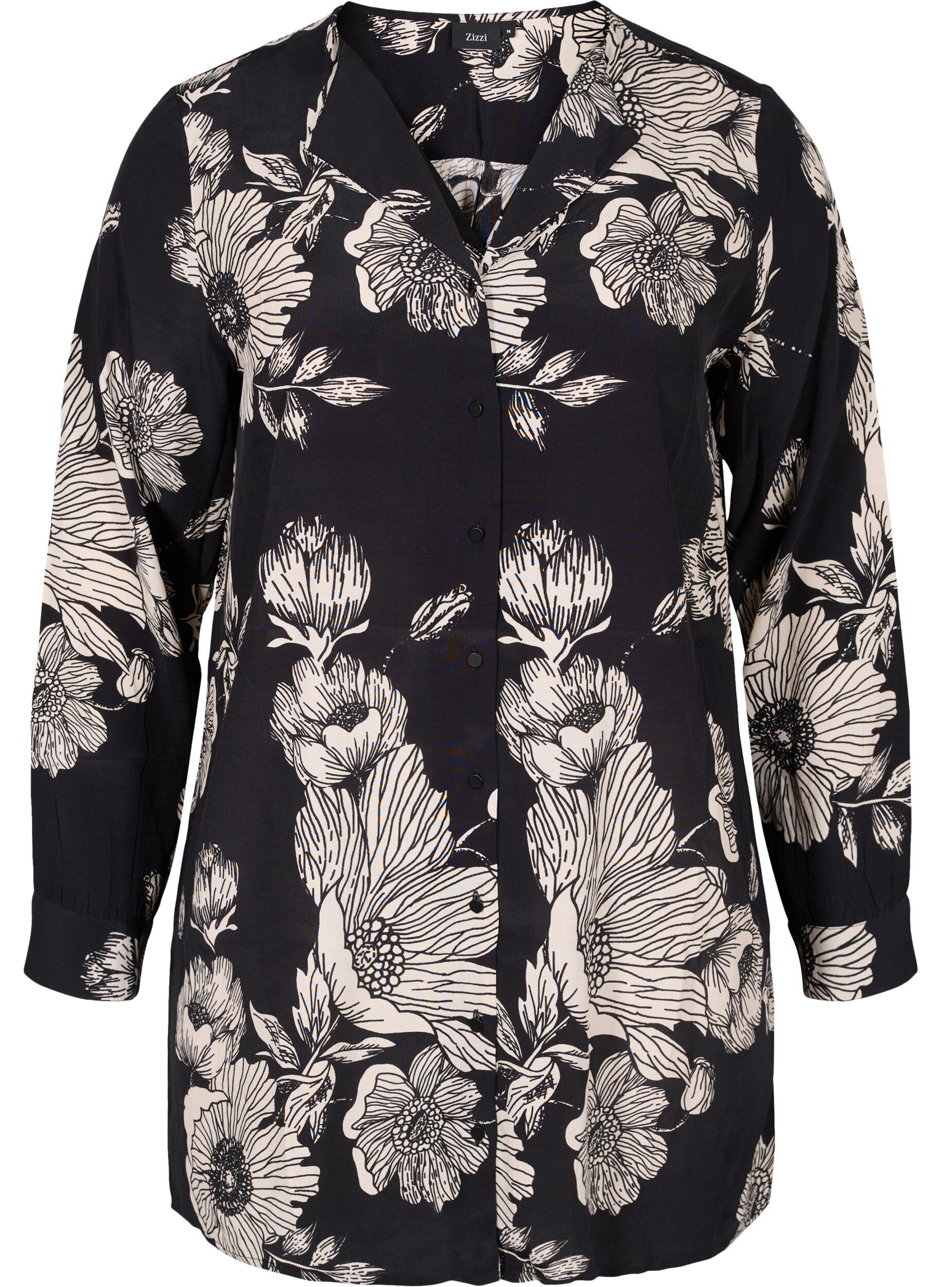 Zizzi Lang gebloemd viscose shirt, Black White AOP, Packshot image number 0