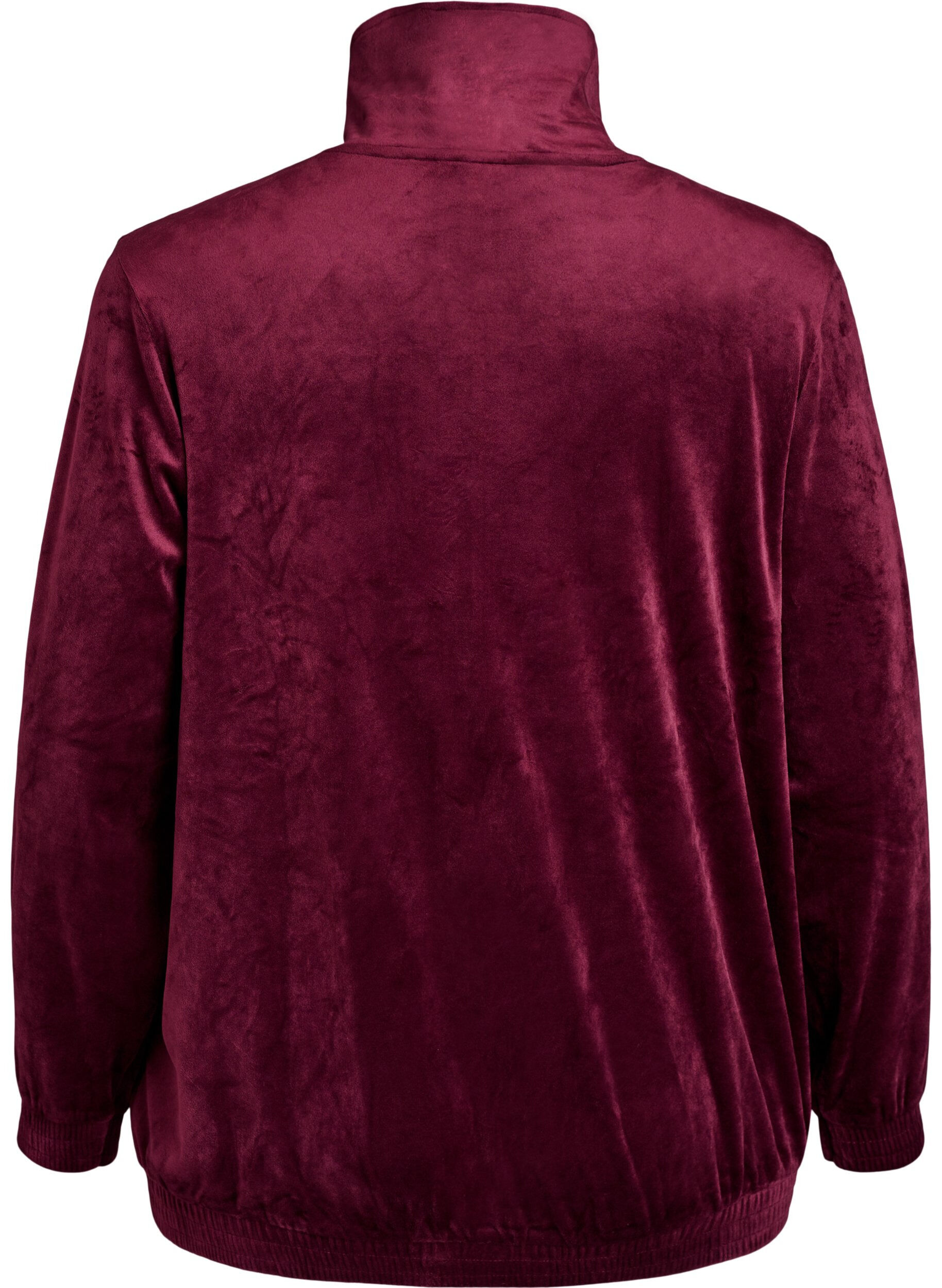 Zizzi Velour cardigan met ritssluiting en hoge kraag, Donker Bordeaux, Packshot image number 1