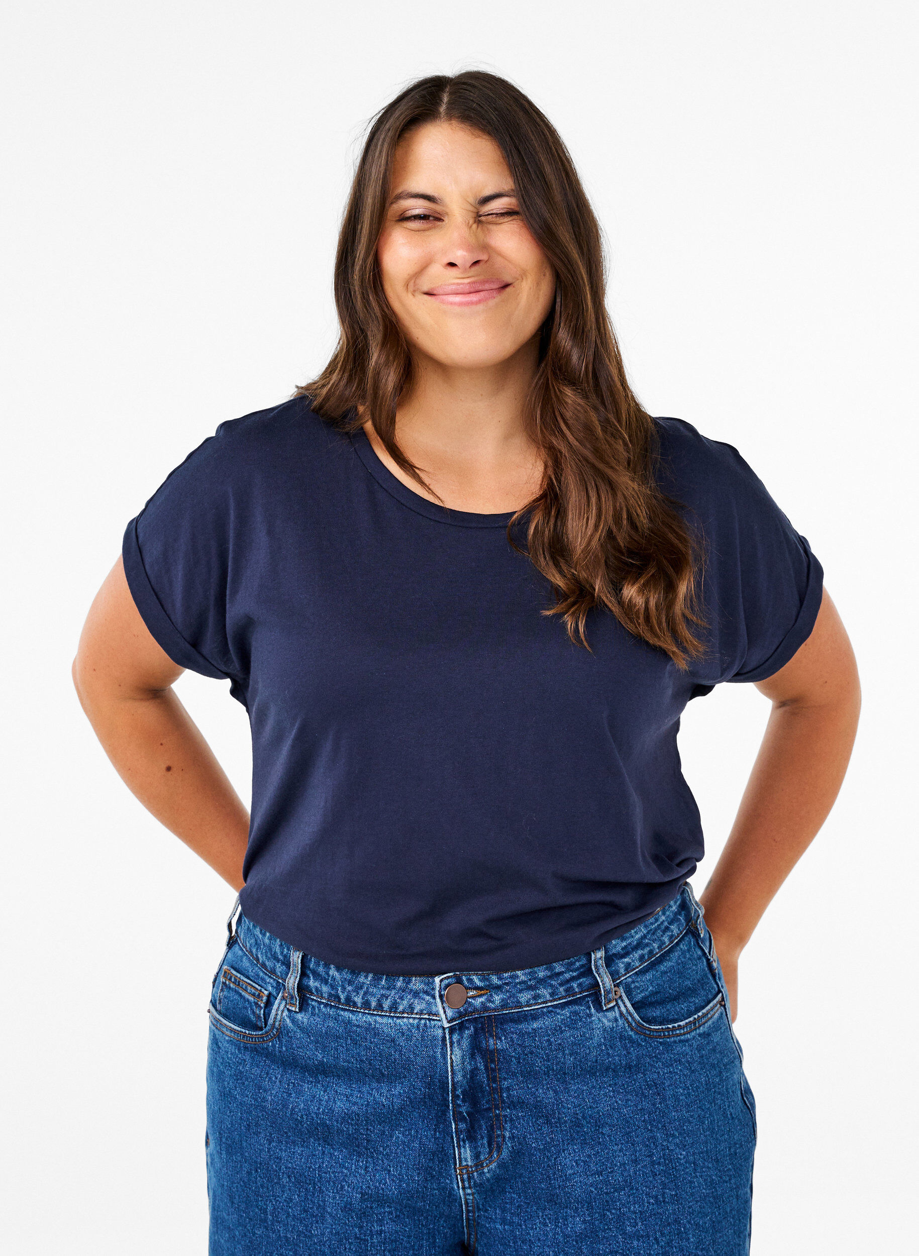 T-shirt met korte mouwen van katoenmix, Blauw, Model