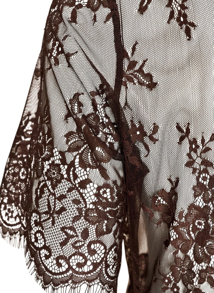 Kanten midi jurk met korte mouwen van doorschijnende kant, Bruin, Packshot image number 3