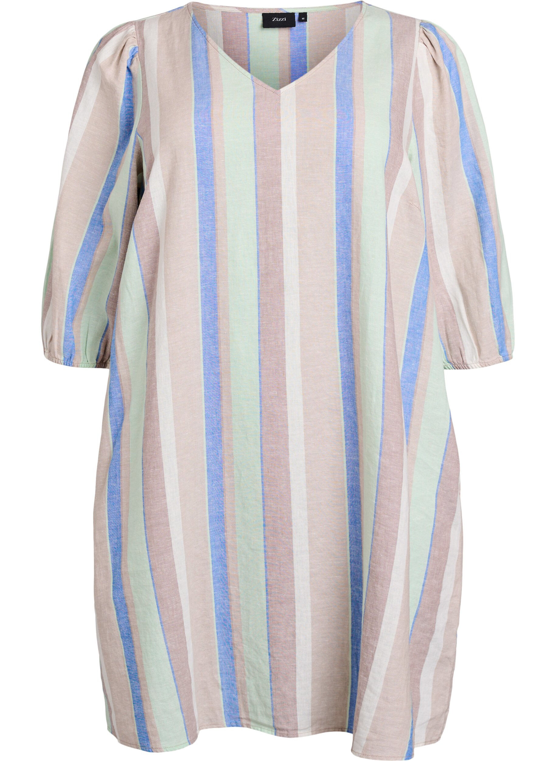 ZizziKorte jurk in linnen en viscose met 3/4 mouwen, Blauw, Packshot image number 0