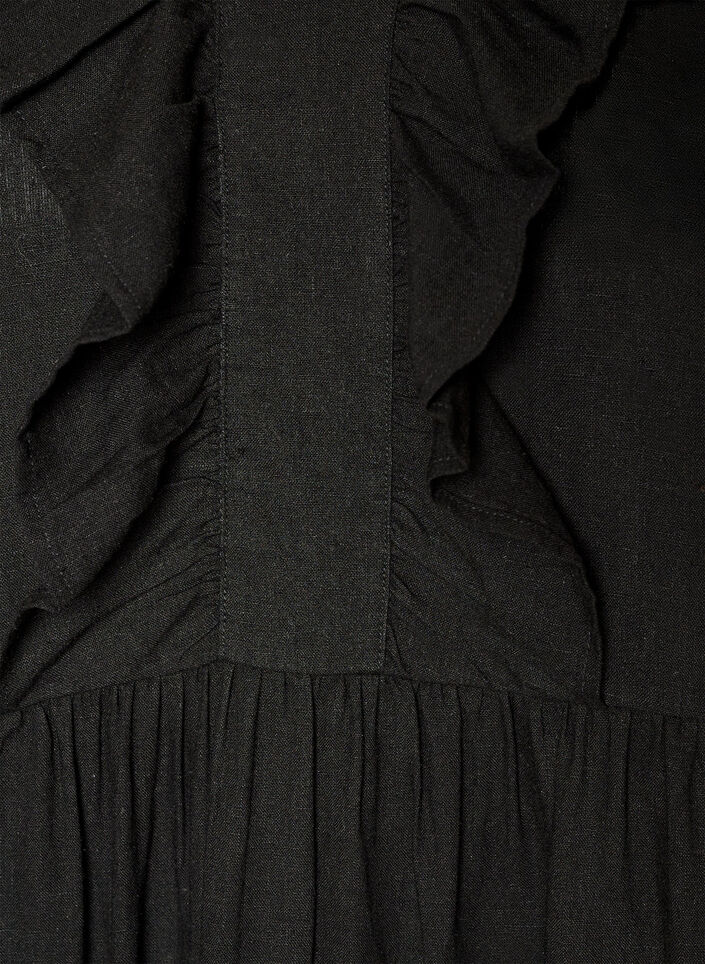 Mouwloze midi jurk in linnen en viscose met ruches, Zwart, Packshot image number 2