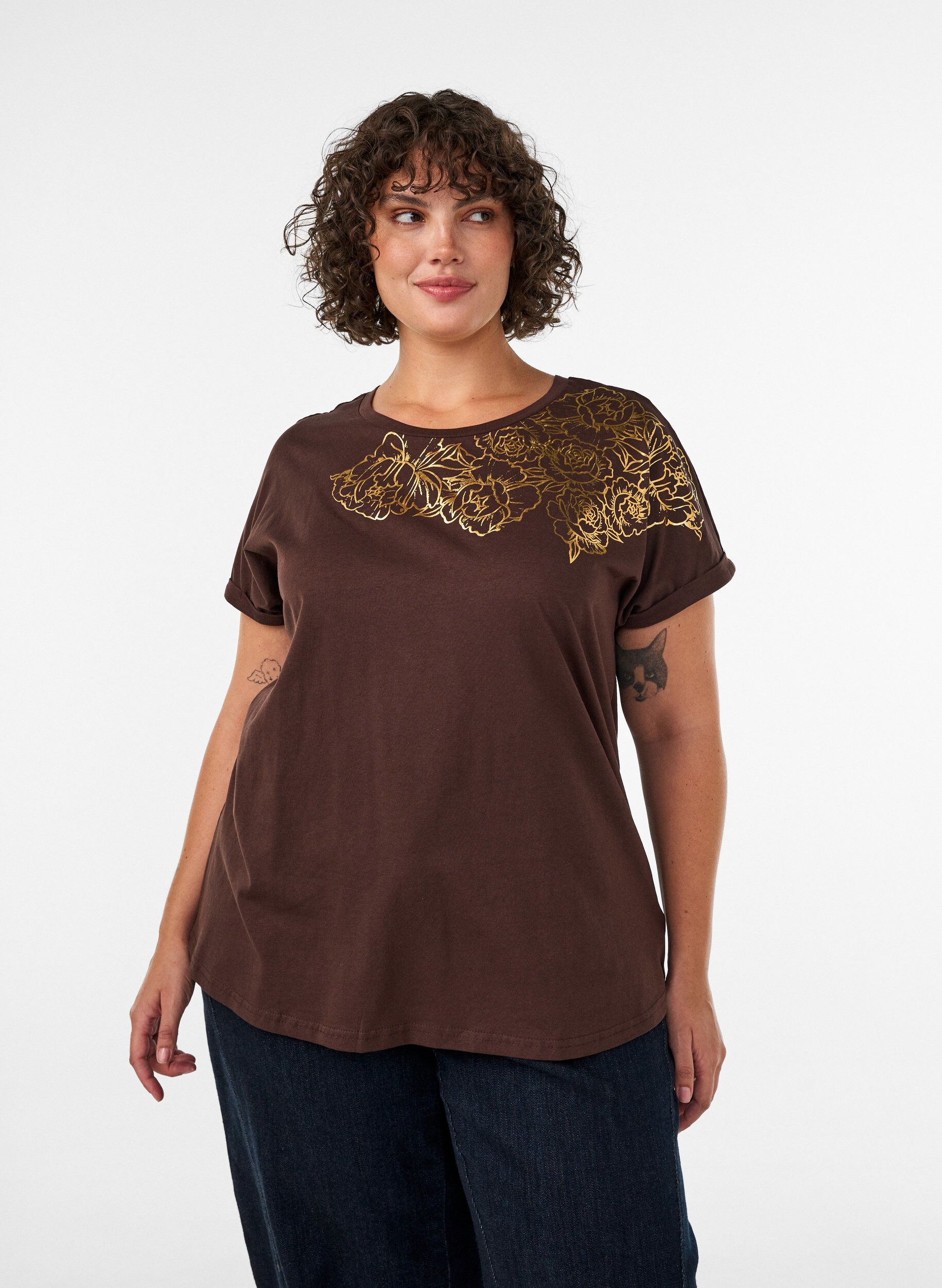 ZizziKatoenen T-shirt met bloemenprint, Bruin, Model image number 0