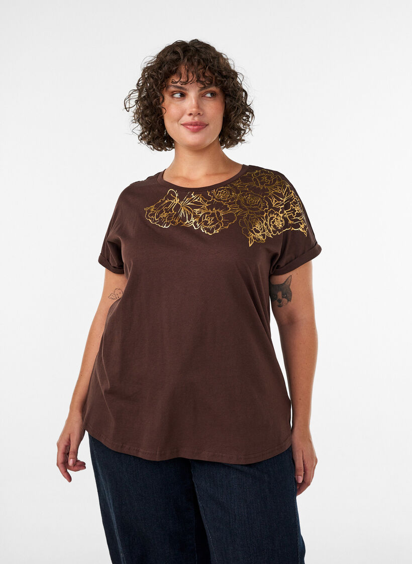 Katoenen T-shirt met bloemenprint, Bruin, Model image number 0