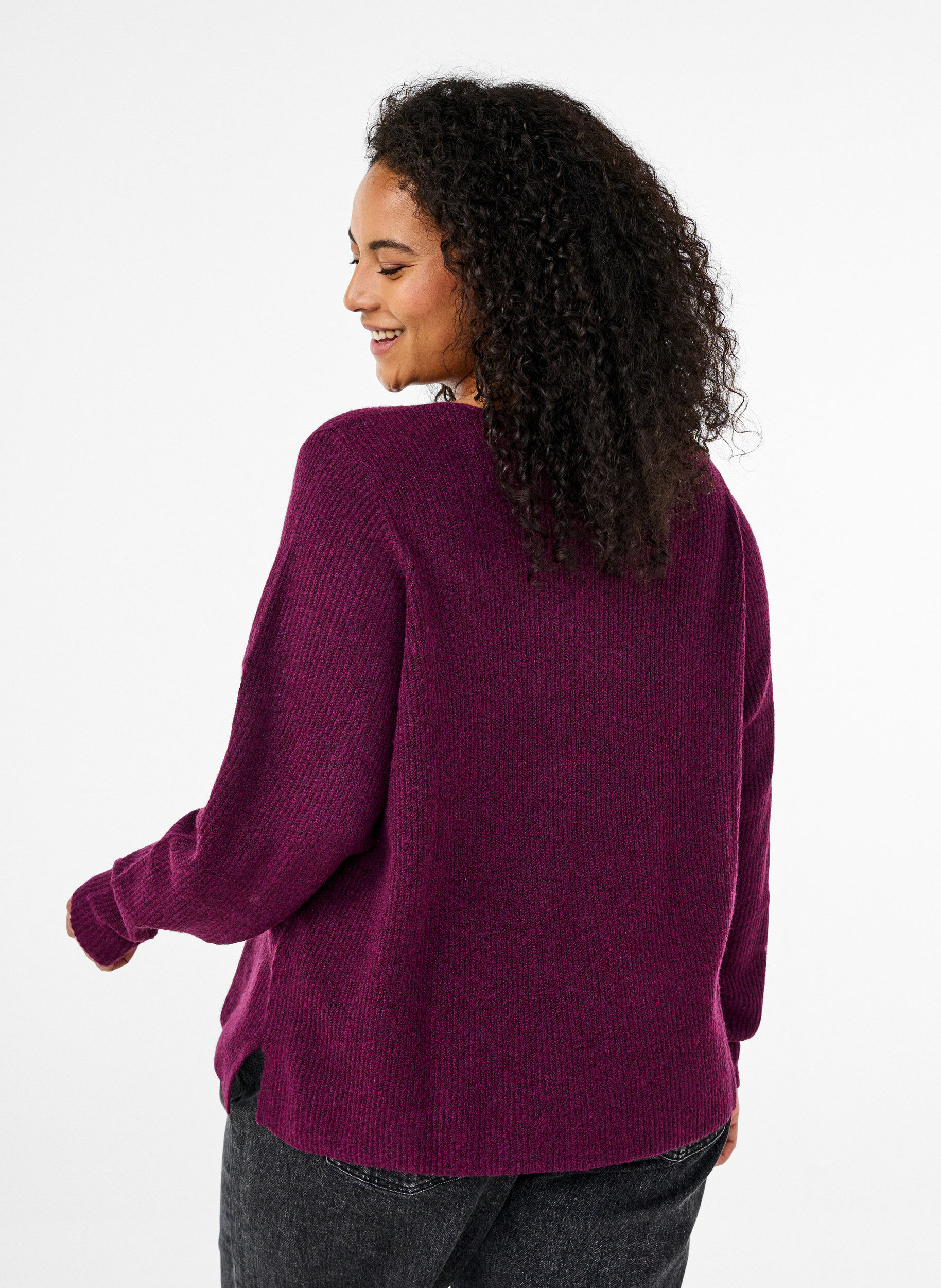 Zizzi Gebreide blouse met V-hals en lange mouwen, Potent P. Black Mel., Model image number 1