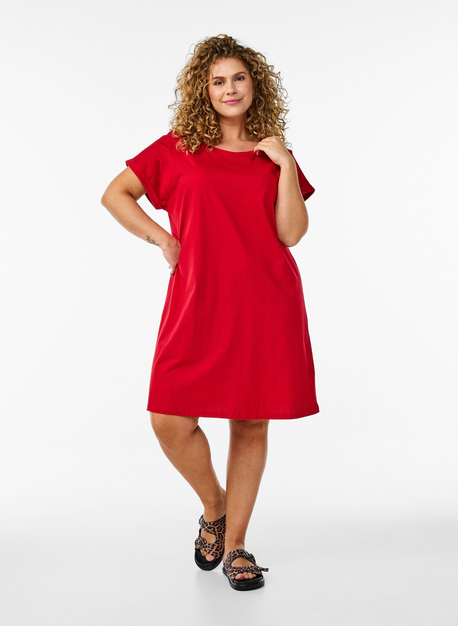 Zizzi 2-pack T-shirtjurk met korte mouwen, Rood, Model image number 1