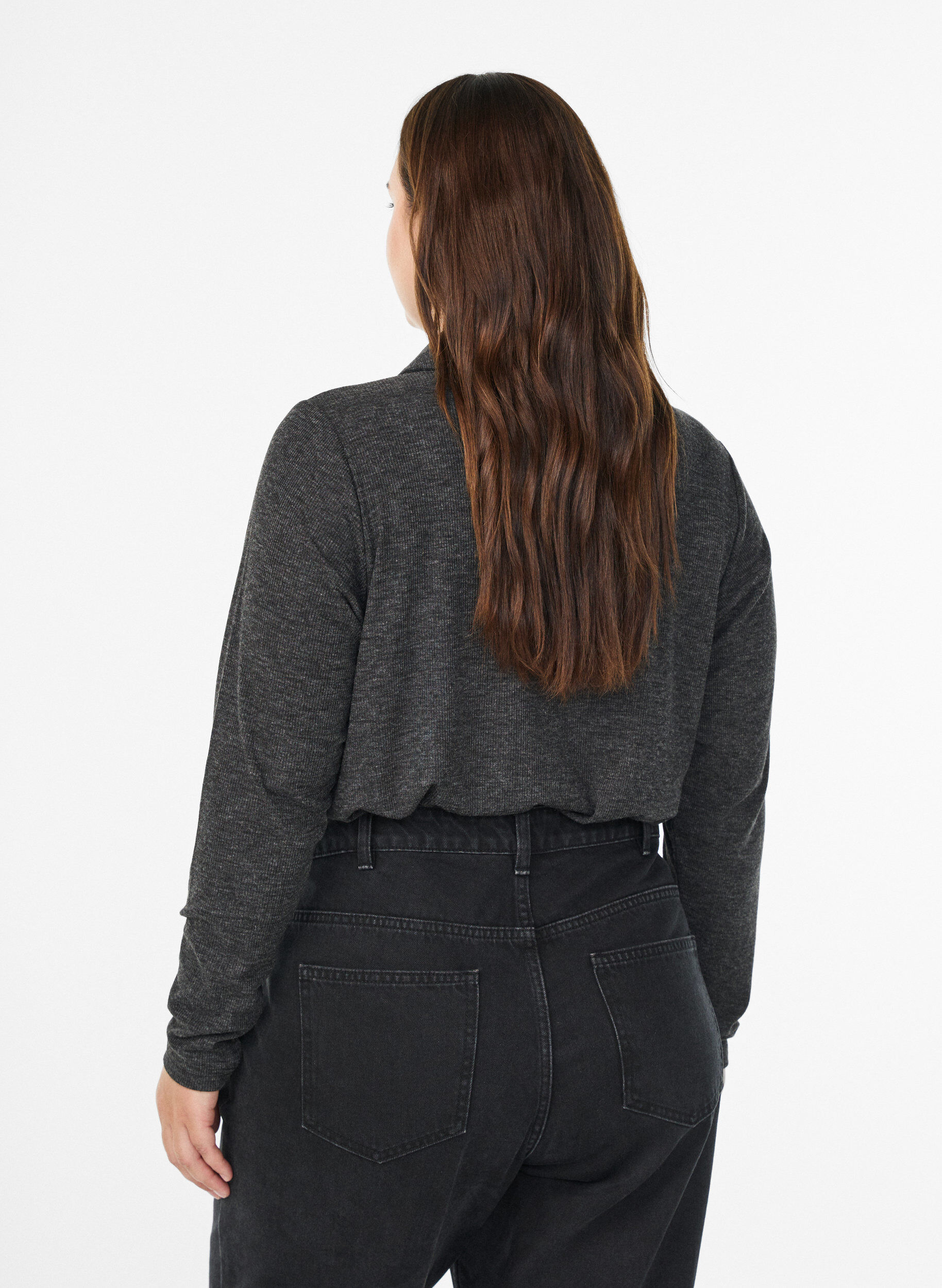 Zizzi Lange mouwen polo in stretchende geribde kwaliteit, Grijs, Model image number 2