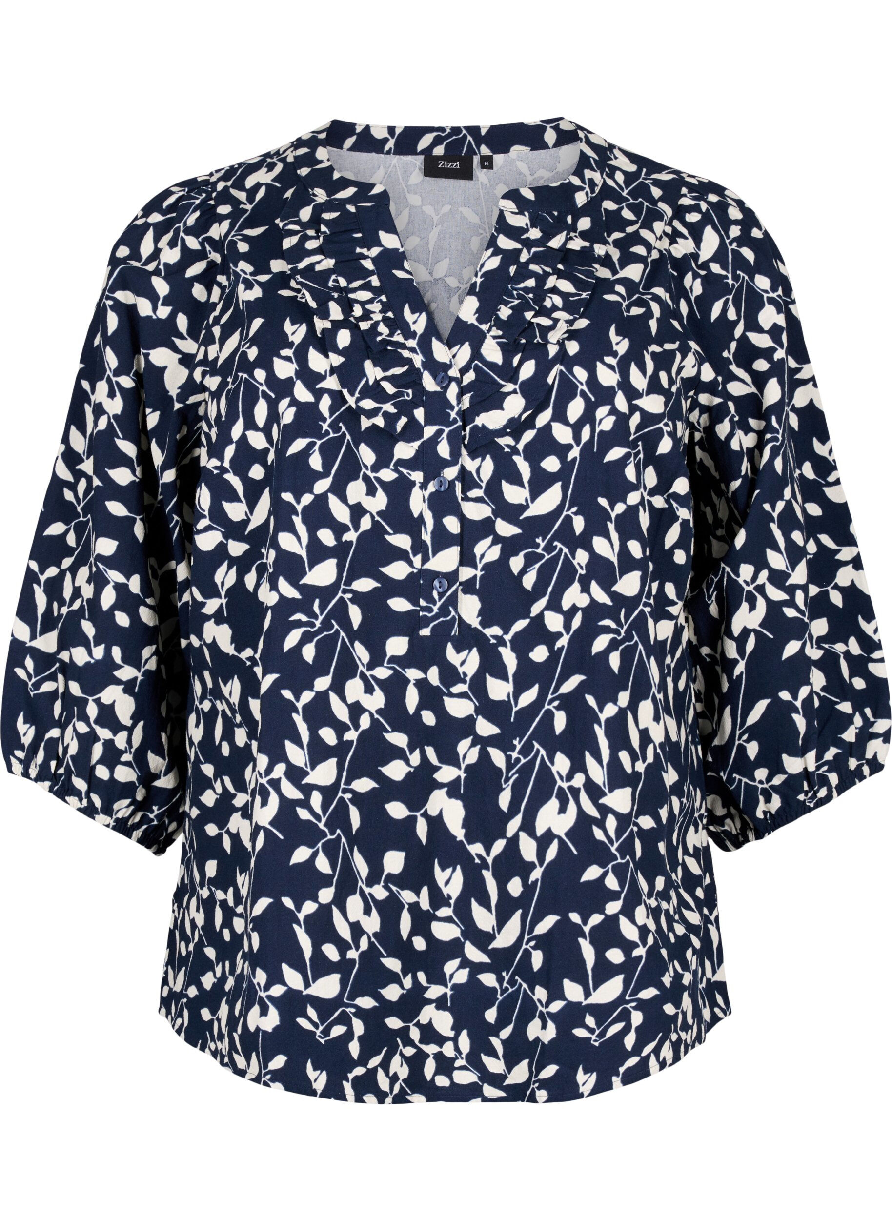 Zizzi Katoenen blouse met 3/4 mouwen en print, Navy Blazer Leaf, Packshot image number 0