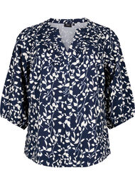 Katoenen blouse met 3/4 mouwen en print, Navy Blazer Leaf