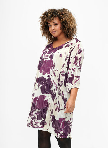 Bedrukte jurk met V-hals en 3/4 mouwen, D.Purple Graphic AOP, Model image number 0