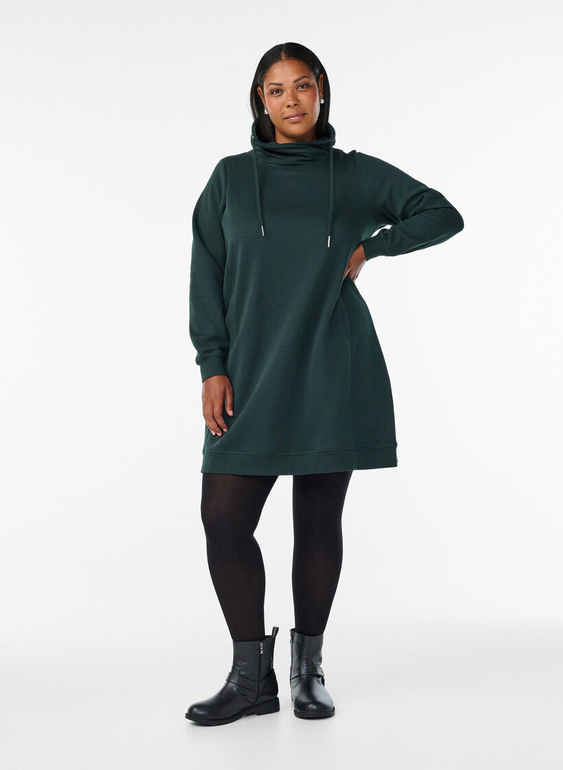Kort sweatshirt jurk met hoge kraag en zakken, Groen, Model image number 1