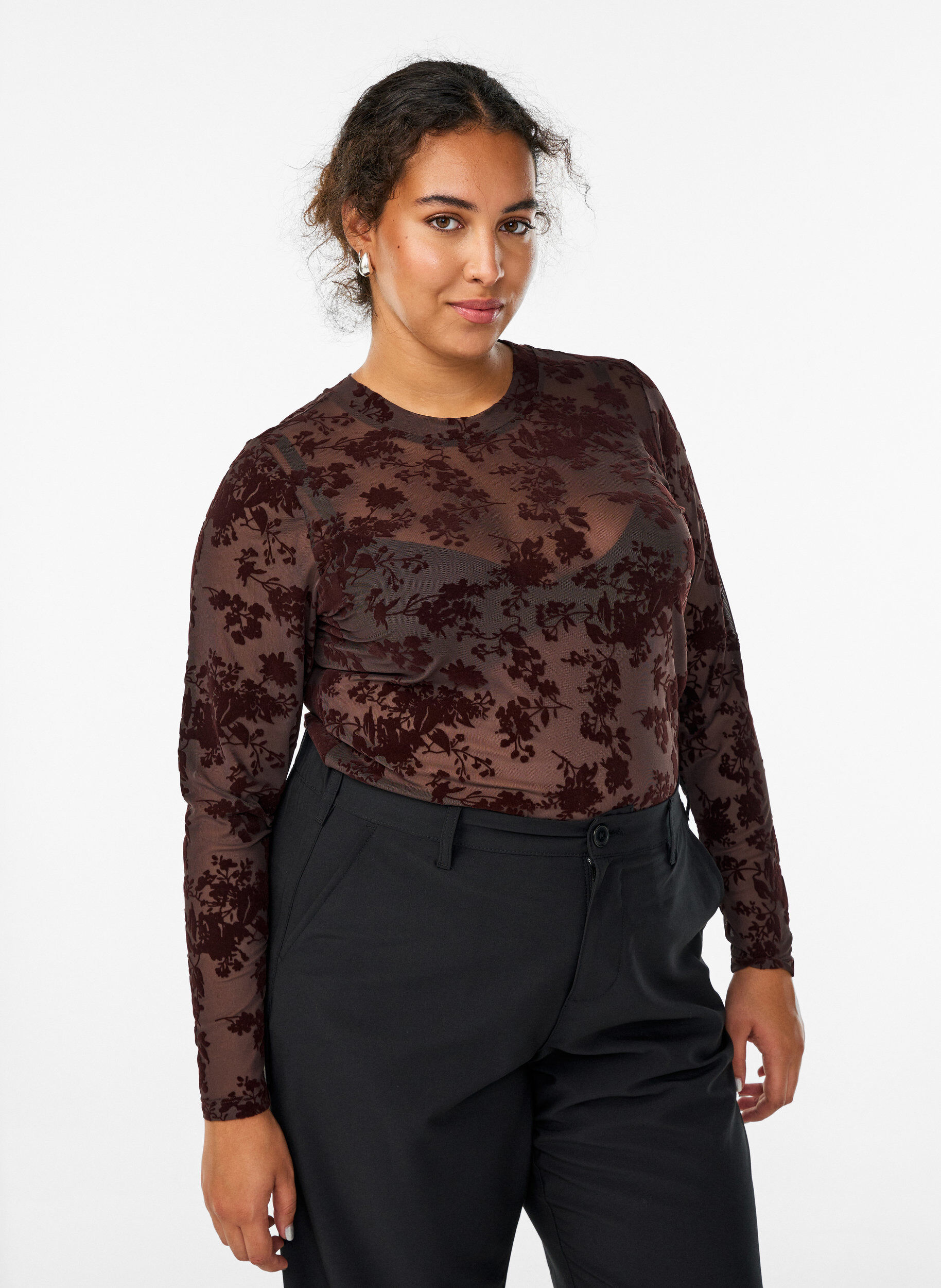 Zizzi Mesh blouse met bloemenpatroon, Bruin, Model image number 0